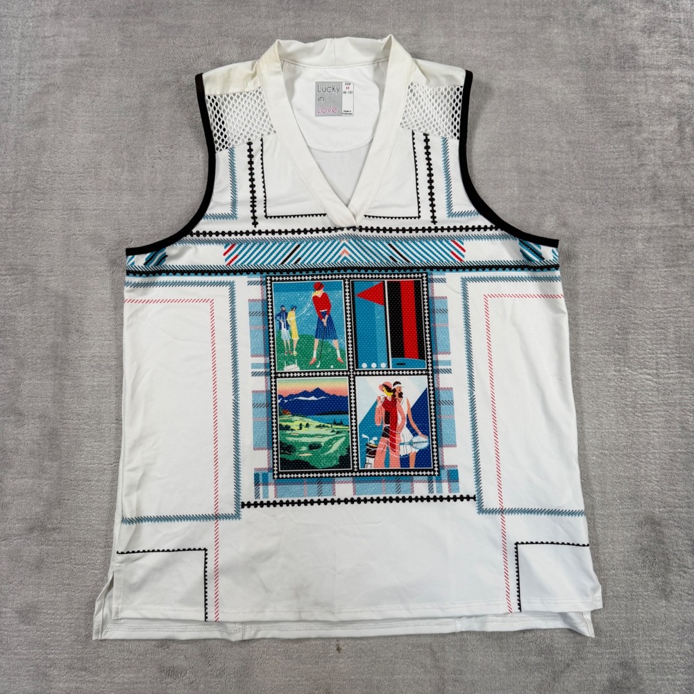 Lucky in Love Top Women Medium White Golf Scene Graphic Mesh Neck Sleeveless Art